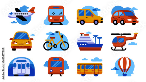 Diverse transportation modes represented in vector icons style artwork