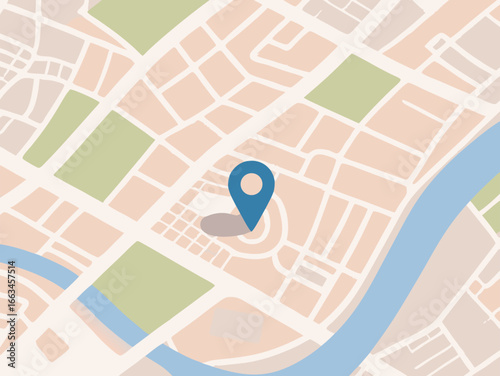 Location marker on a colorful city map indicating a specific destination point