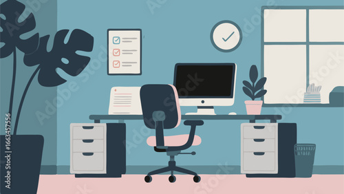Modern office setup with desk, chair, computer, and plants in a blue room