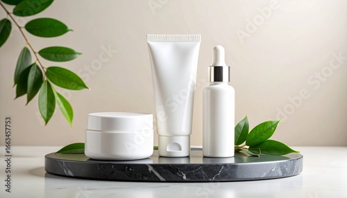 Elegant white cosmetic set with tube, jar, and dropper bottle on a black marble tray with green leaves.