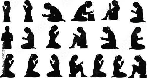 Collection of Female Silhouettes Praying and Looking at Hands on White Background woman prayer