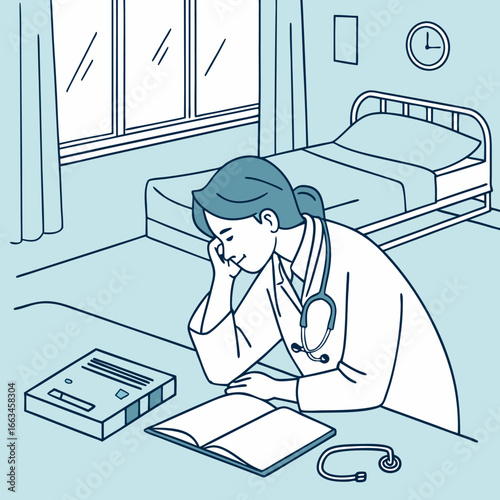 Tired Doctor Resting at Desk in Hospital Room