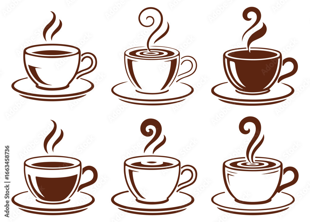 Obraz premium Coffee Cup Icons Set – Hot Drink, Espresso, Cafe, Morning Beverage, Latte, Cappuccino Illustrations