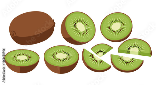 Illustration of whole and sliced kiwi fruit on white background