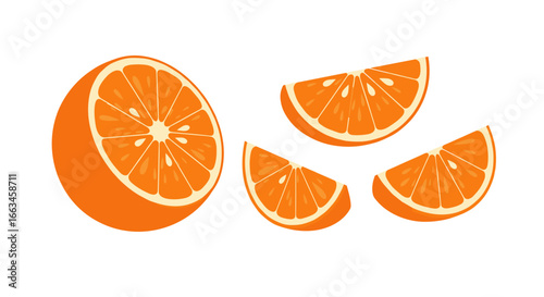 Illustration of a sliced orange and several orange wedges