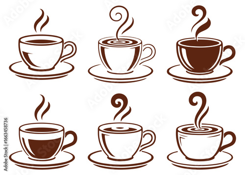 Coffee Cup Icons Set – Hot Drink, Espresso, Cafe, Morning Beverage, Latte, Cappuccino Illustrations