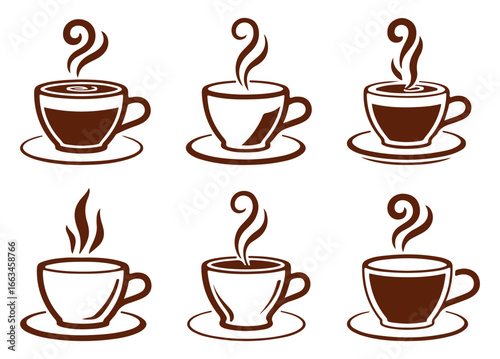Coffee Cup Icons Set – Hot Drink, Espresso, Cafe, Morning Beverage, Latte, Cappuccino Illustrations