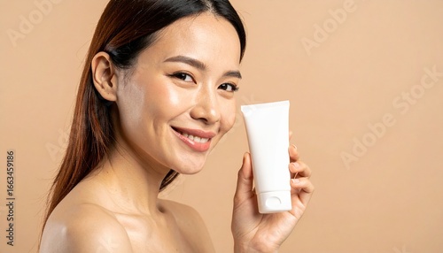 Smiling Asian Woman with Clear Skin Holding White Cream Tube Against Beige Background