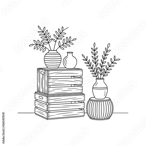 Stylized botanical arrangement in vases on stacked boxes and pedestal delicate outline art white background