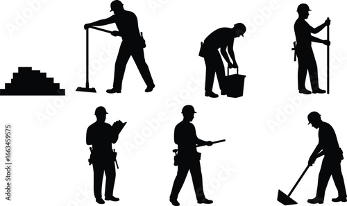Silhouettes of Construction Workers Performing Various Tasks on White Background builders