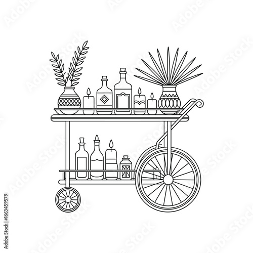 Elegant bar cart laden with bottles and decorative accents for a stylish home bar white background