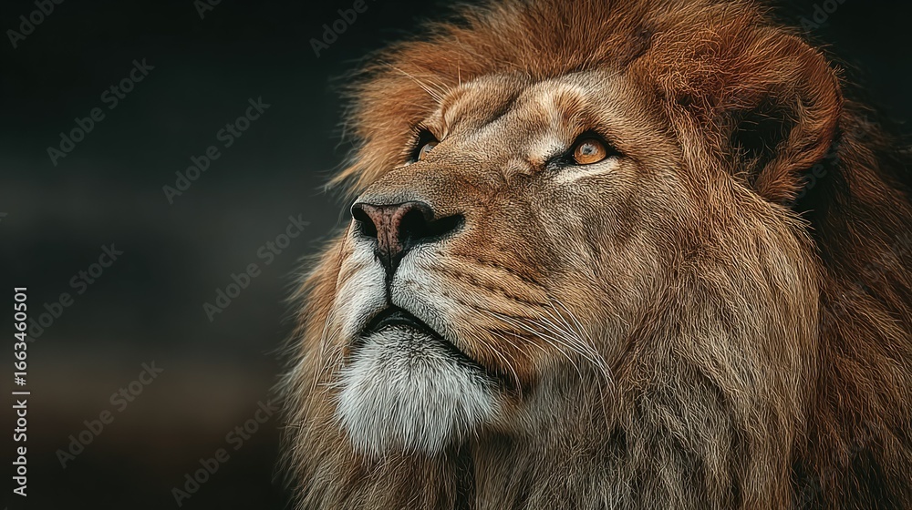 Naklejka premium Close-up of a lion's head, looking upward against a dark background