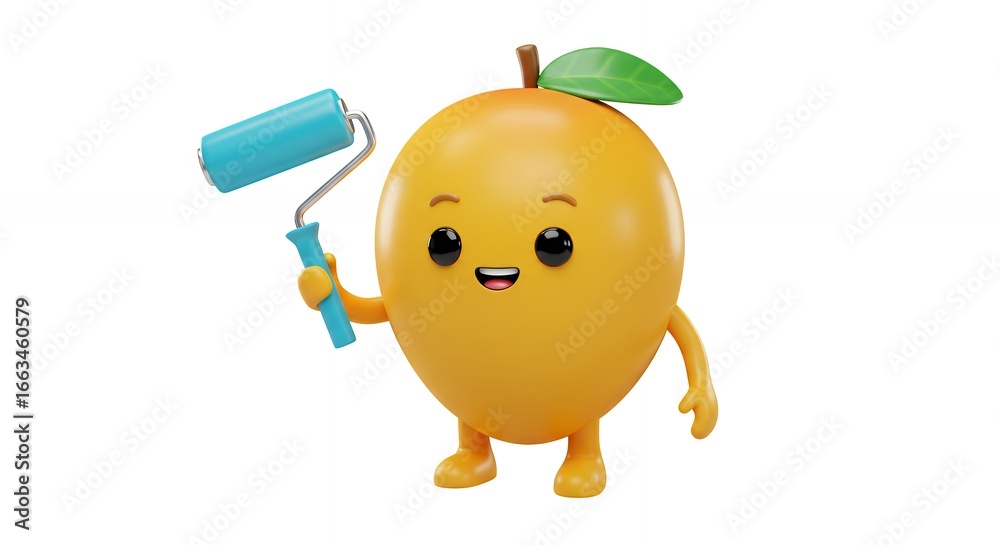 Obraz premium Funny orange fruit character with paint roller