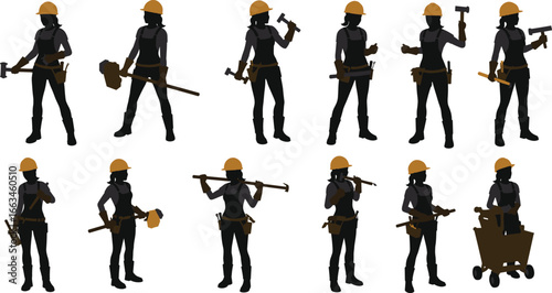 Silhouettes of female construction workers with tools on white background woman