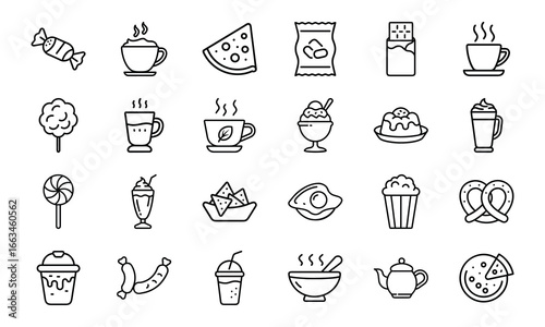Collection of black and white food and drink icons, coffee, tea, candy, chocolate, ice cream, snacks, pizza, popcorn, pretzel, sausage, fried egg, milkshake, cold drinks, breakfast and dessert line ve