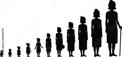 Silhouettes of females showing growth from child to adult on white background girl woman