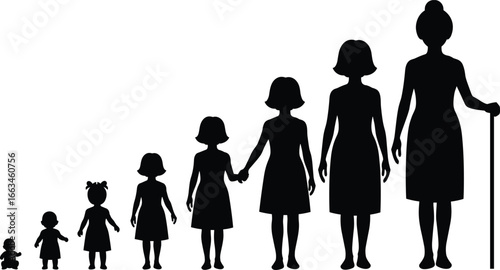 Silhouettes of females showing progression from baby to elderly woman girl child