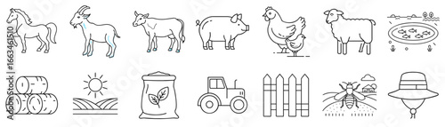 Set of farm animals and agriculture elements icons for agribusiness, educational projects, environmental initiatives, marketing