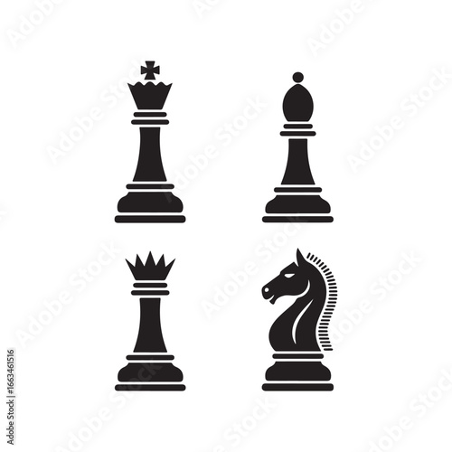 Four classic black chess pieces silhouette king queen bishop knight isolated on white silhouette