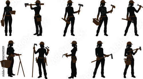 Silhouettes of women construction workers with tools and safety helmets woman builder