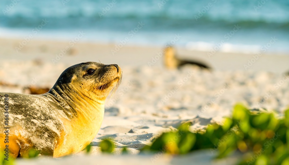 Fototapeta premium A young fur seal rests on a sandy beach, bathed in soft sunlight, with the ocean waves gently rolling in the background.