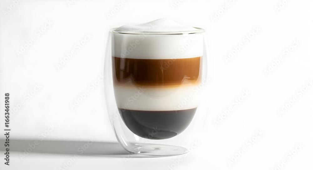 Layered latte macchiato in double-walled glass showing espresso, milk and foam layers, modern coffee drink presentation Layered latte macchiato in double-walled glass showing espresso, milk and foam layers, modern coffee drink presentation