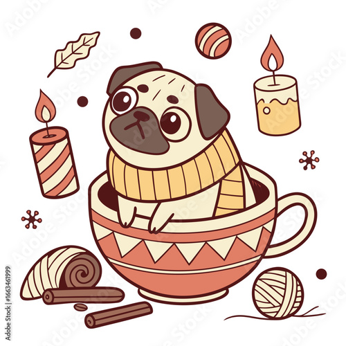 Playful Funny Pug design, styled with sitting in a teacup ride and Warm Cozy shades in a Christmas setting