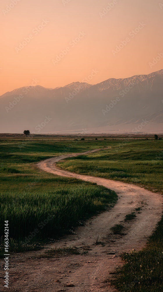 Obraz premium Winding Dirt Road Into Distance At Sunrise/Sunset