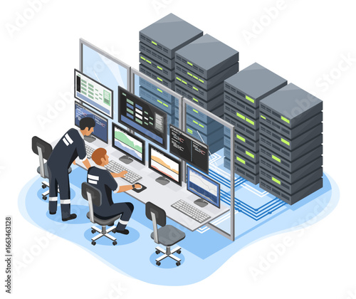 Data Center Infrastructure Management DCIM with engineers monitoring servers and analyzing system performance in a secure control room environment isometric