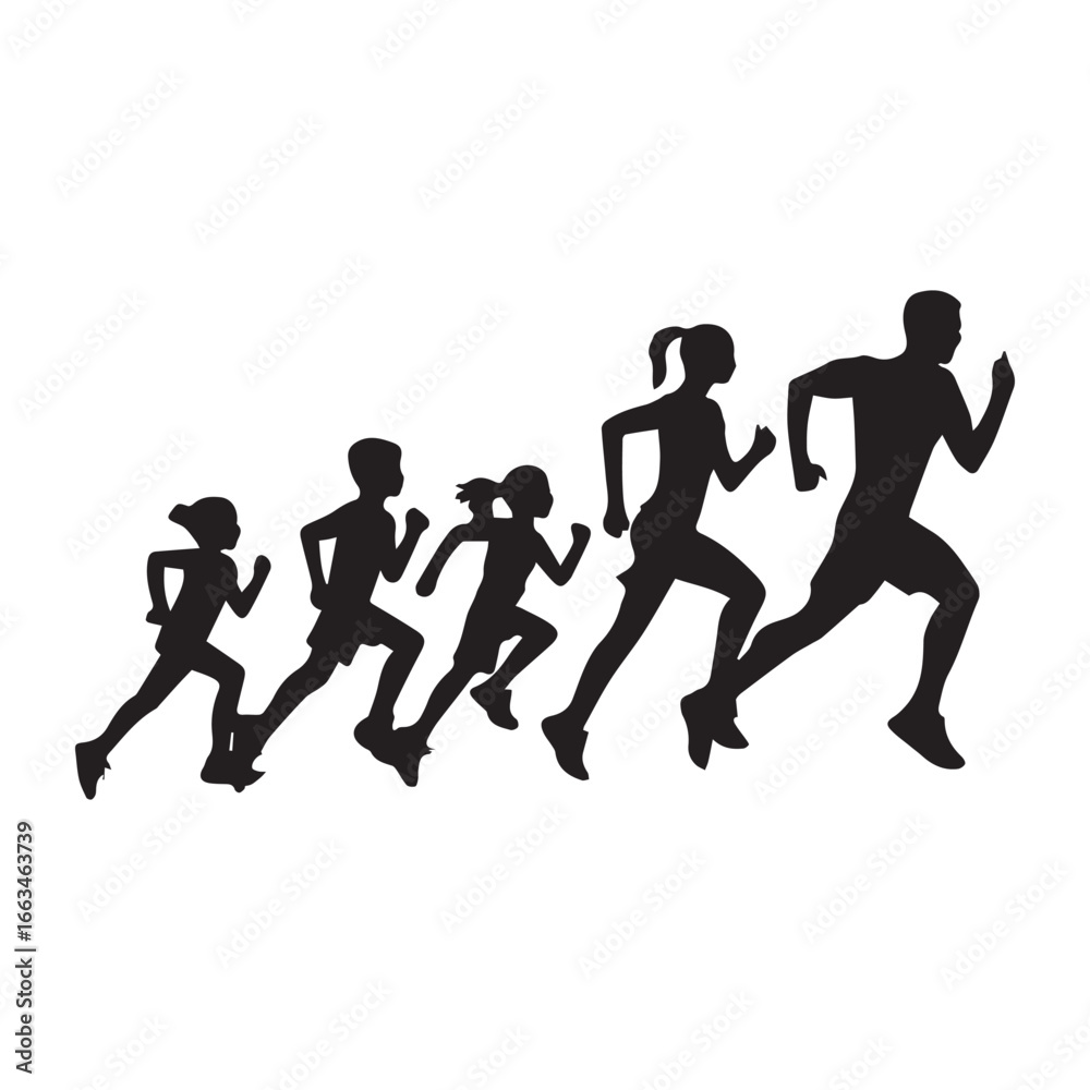 A powerful and inspiring vector illustration of a family running together in silhouette on a white background. A powerful and inspiring vector illustration of a family running together in silhouette on a white background.