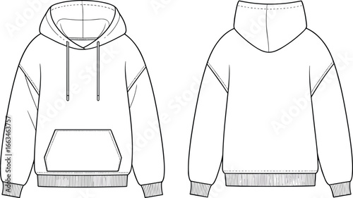 Hoodie CAD Flat Sketch Vector Template - Ribbed Cuffs, Front Pocket & Scoop Hood