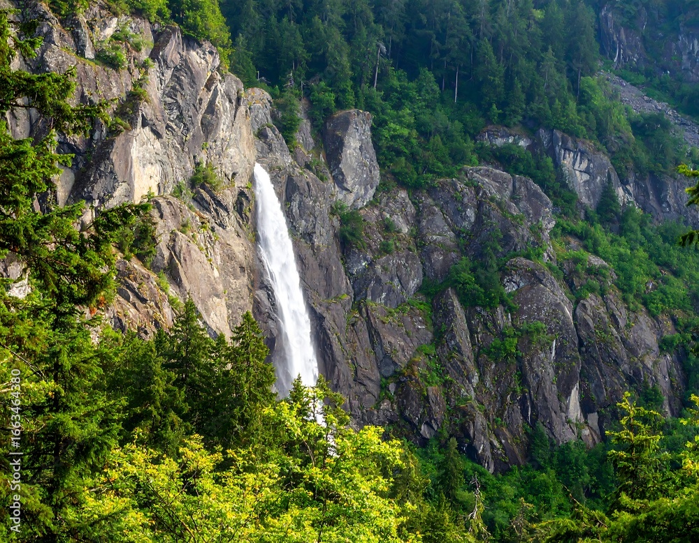 Obraz premium Waterfall cascading down rocky mountainside, lush forest
