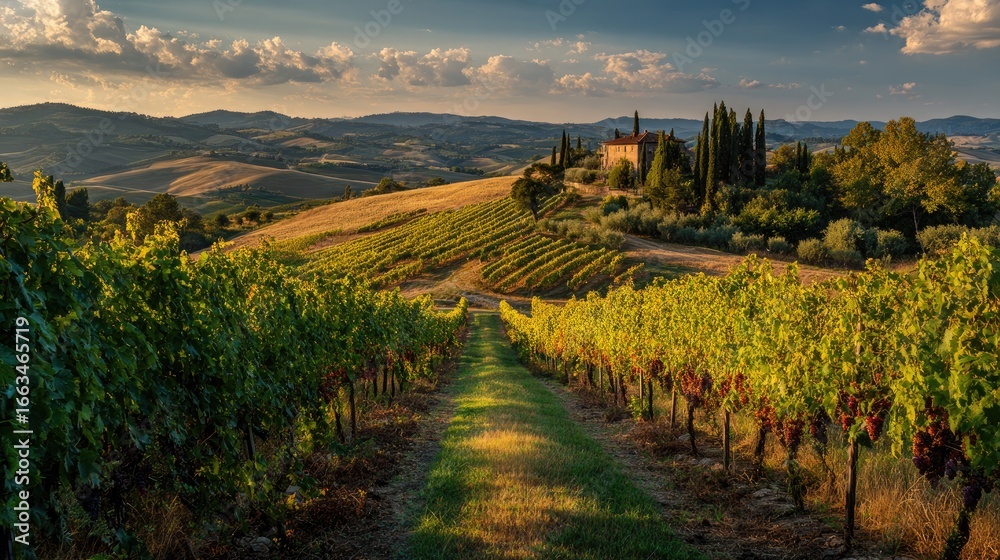 Naklejka premium Tuscan vineyard landscape at sunset (1)