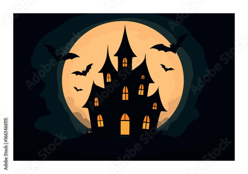 Spooky haunted house silhouette against full moon with bats flying