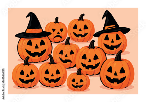 Smiling and frowning jack-o'-lanterns with witch hats for halloween joy