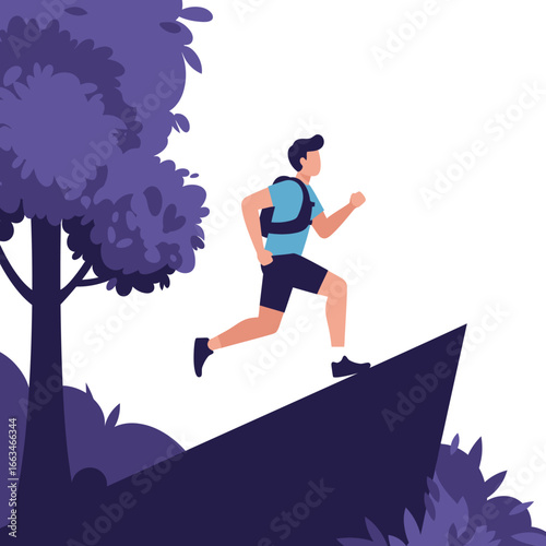 A determined young man with a backpack is actively running uphill through a stylized natural landscape, embodying fitness and outdoor adventure.