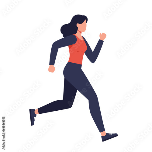 A dynamic flat vector illustration depicts a fit young woman with dark hair, dressed in activewear, confidently jogging forward, symbolizing health and active living.