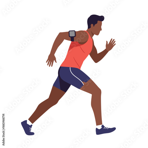 A modern vector illustration depicts a determined male athlete running with an armband fitness tracker, showcasing a healthy and active lifestyle.