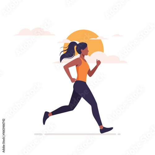A determined young woman with a ponytail enjoys her invigorating morning run outdoors, embracing a healthy and active lifestyle under the warm glow of the rising sun.