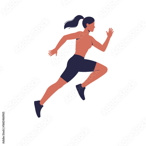 A determined female athlete in peak physical condition is captured mid-stride, showcasing her powerful run during an intense training session or competition.