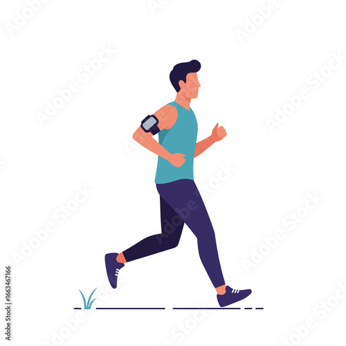 A fit young man in athletic attire, wearing an armband with a smartphone, enjoys a healthy outdoor run, embodying an active and energetic lifestyle.