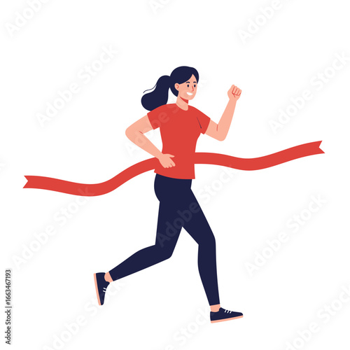 A triumphant young woman in athletic attire joyfully breaks the finish line ribbon, symbolizing success and the achievement of a personal goal.
