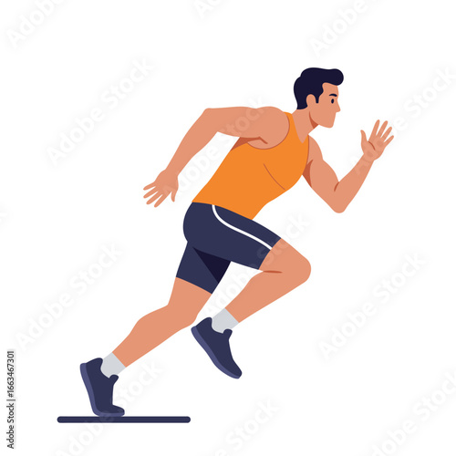 A determined male athlete in an orange tank top and blue shorts propels forward with powerful strides, illustrating speed and competitive spirit in a dynamic sprint.