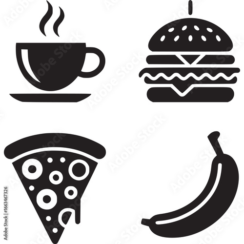 Art of collection of popular food and drink icons including coffee cup, burger, pizza slice, and banana