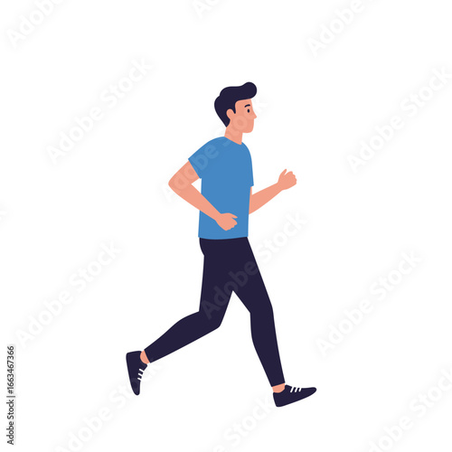 A vibrant young man with dark hair, dressed in a blue t-shirt and dark pants, is actively jogging, symbolizing a healthy and energetic lifestyle choice.