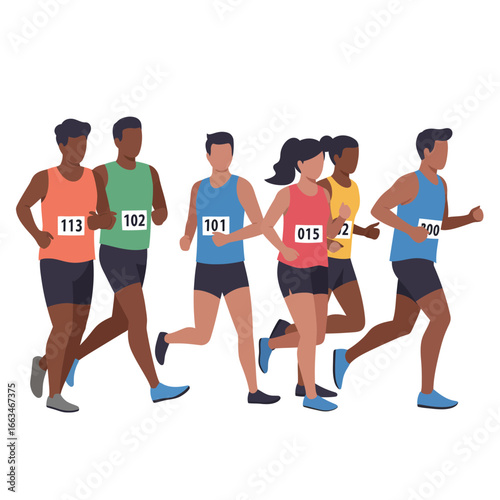 A diverse group of athletes, including men and women, are actively participating in a competitive running race, showcasing determination and healthy lifestyle.