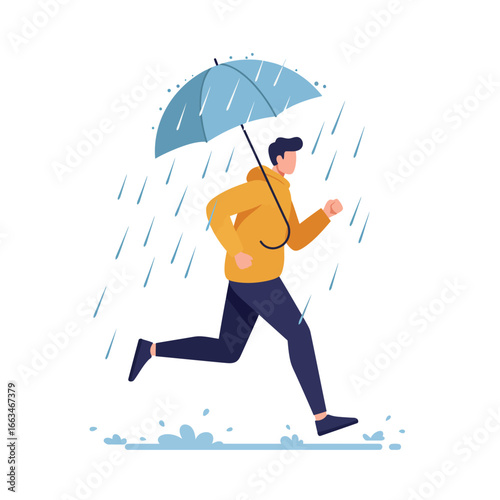 A young man in a yellow jacket swiftly runs through a rainstorm, holding a blue umbrella to shield himself from the falling drops.