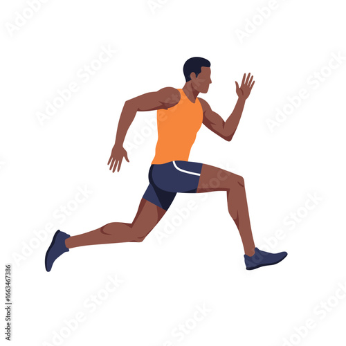 A determined African American man in athletic wear is depicted mid-stride, showcasing speed, power, and an active, healthy lifestyle.