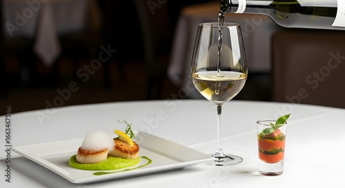 A glass of white wine being poured into a wine glass, accompanied by a plate of food featuring scallops and a garnish.