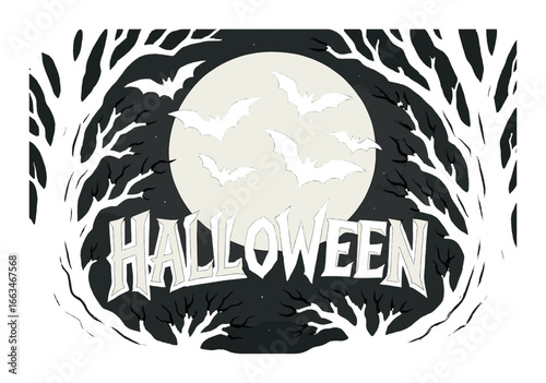 Halloween night full moon with flying bats and spooky trees